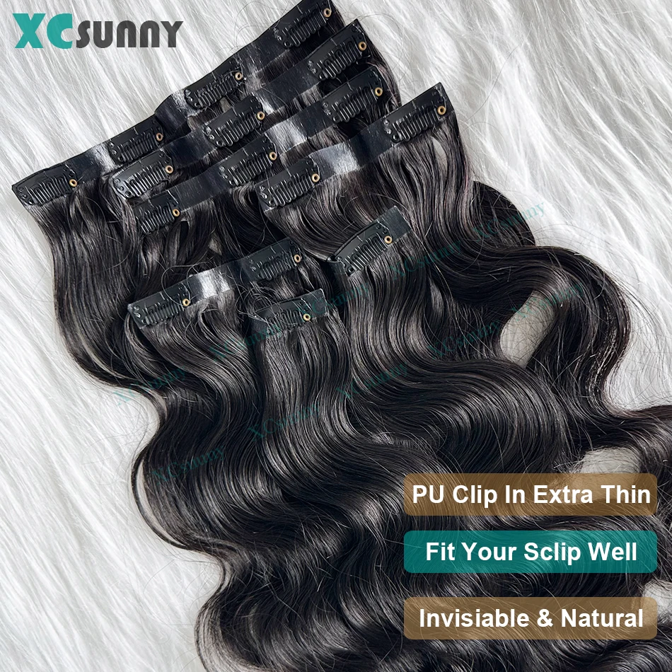 PU Clip Ins Hair Extensions Human Hair Body Wave Seamless Clip Ins Human Hair Double Drawn Skin Weft Clip In For Women 100g-240g