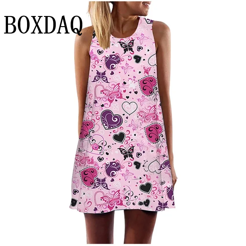 Mini vestido estampado com coração de amor feminino, túnica de verão, Hip Hop, vestido de praia, solto com o pescoço, vestido sem mangas linha A