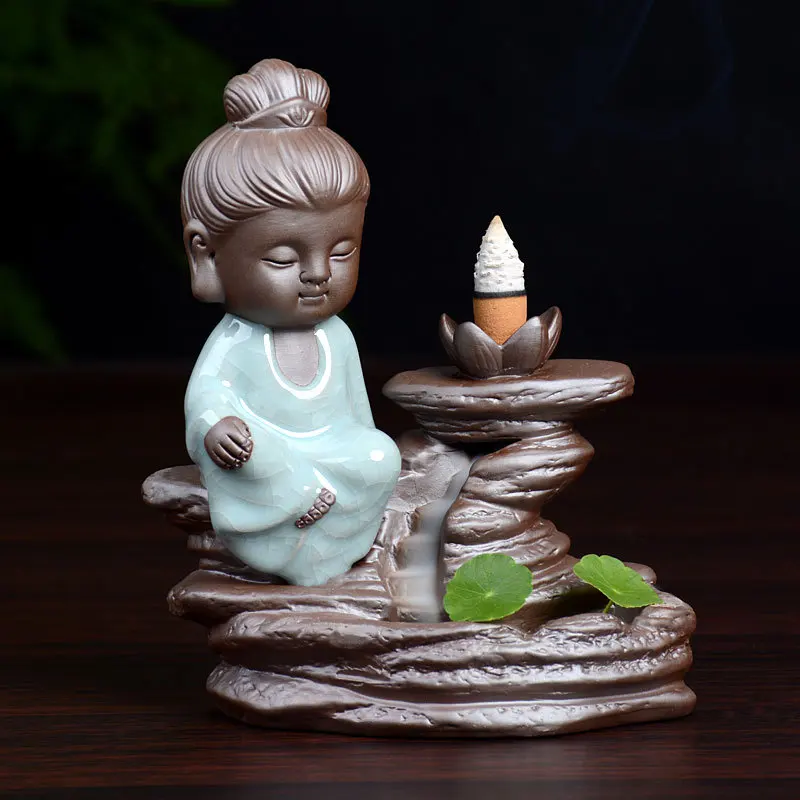 Buddha And Monk Design Backflow Incense Cones Holder Purple Clay Ceramic Censer Home Decoration Teahouse