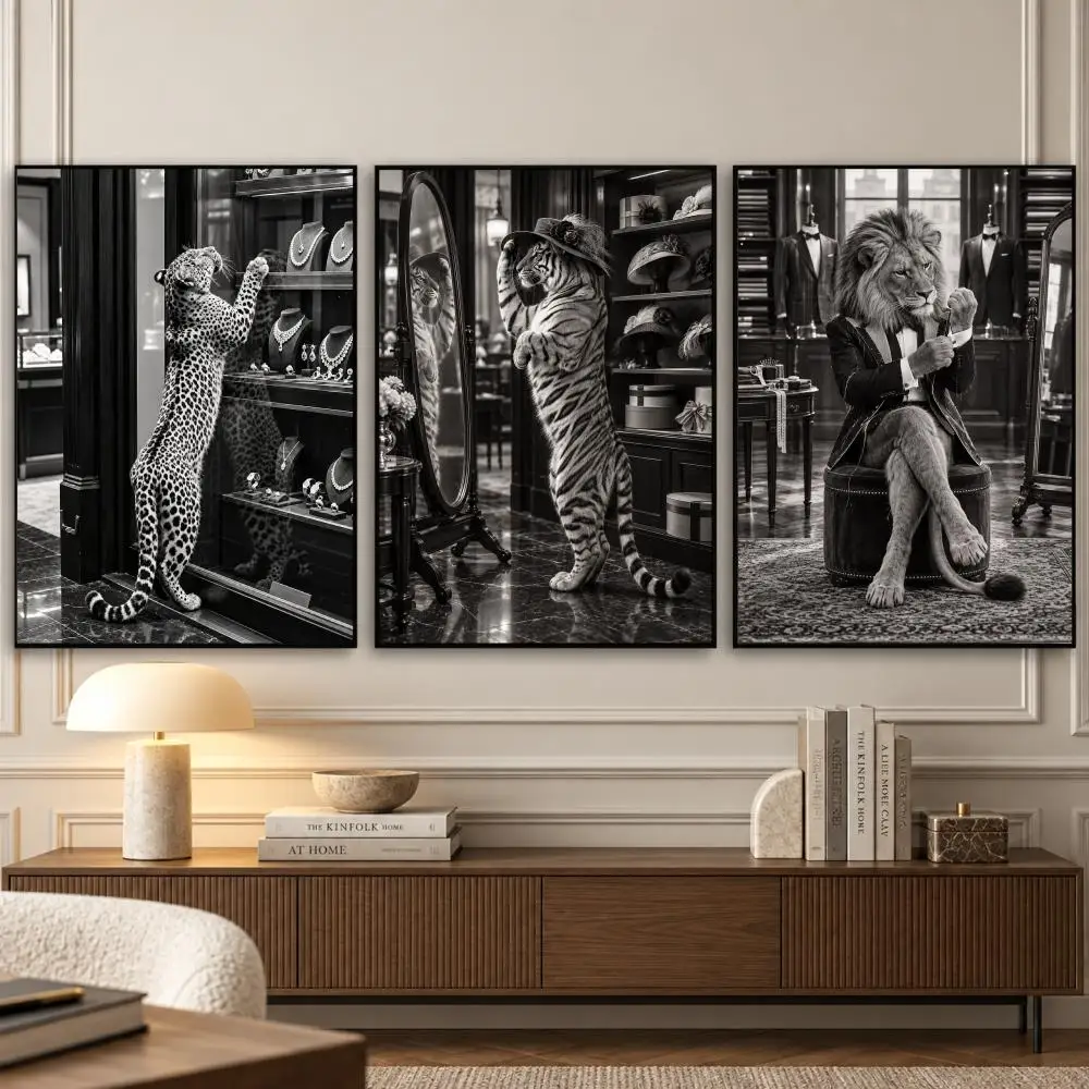 Fashion Jewelry Store Leopard Painting Calligraphy 3 PCS Vintage Fashion Canvas Wall Art Prints for Living Room Decor