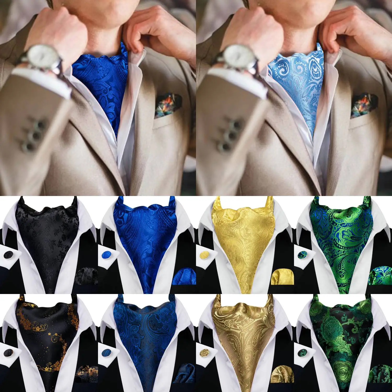 Barry.Wang Men's Ascot Pocket Square Cufflinks Sets Rose Red Green Blue Cravat Tie For Male Formal Casual Wedding Business Gift