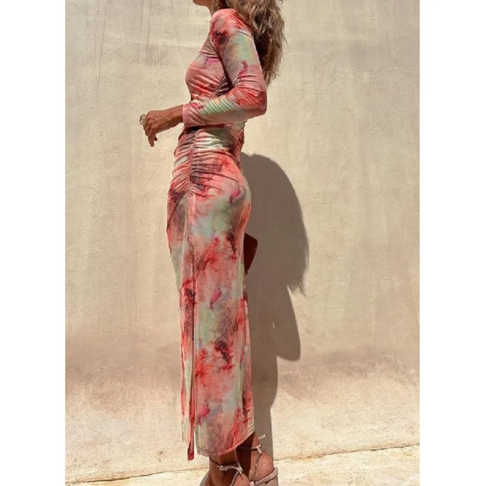 Robe en maille transparente à manches longues pour femmes, col rond, sexy, tambour, manches longues, fente haute, robes de soirée de vacances,