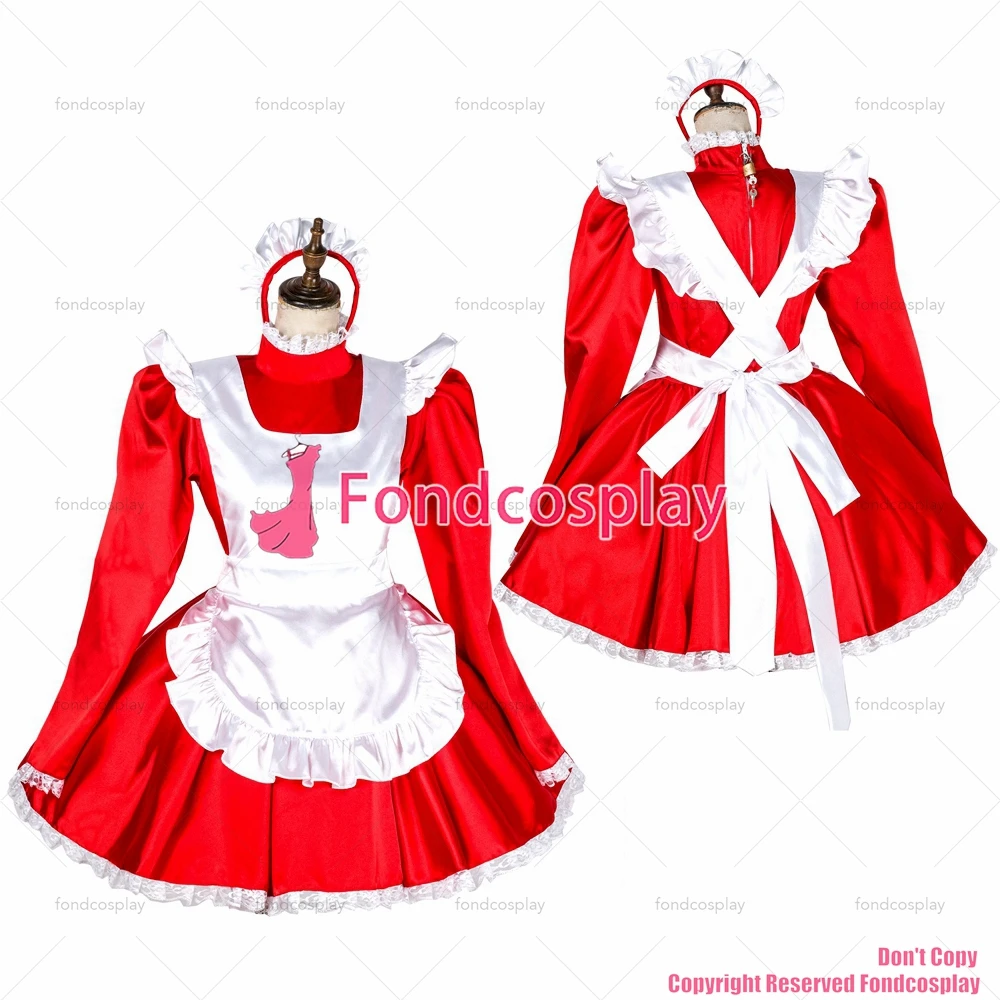 fondcosplay adult sexy cross dressing sissy maid short lockable red satin dress Uniform white apron costume CD/TV[G1793]