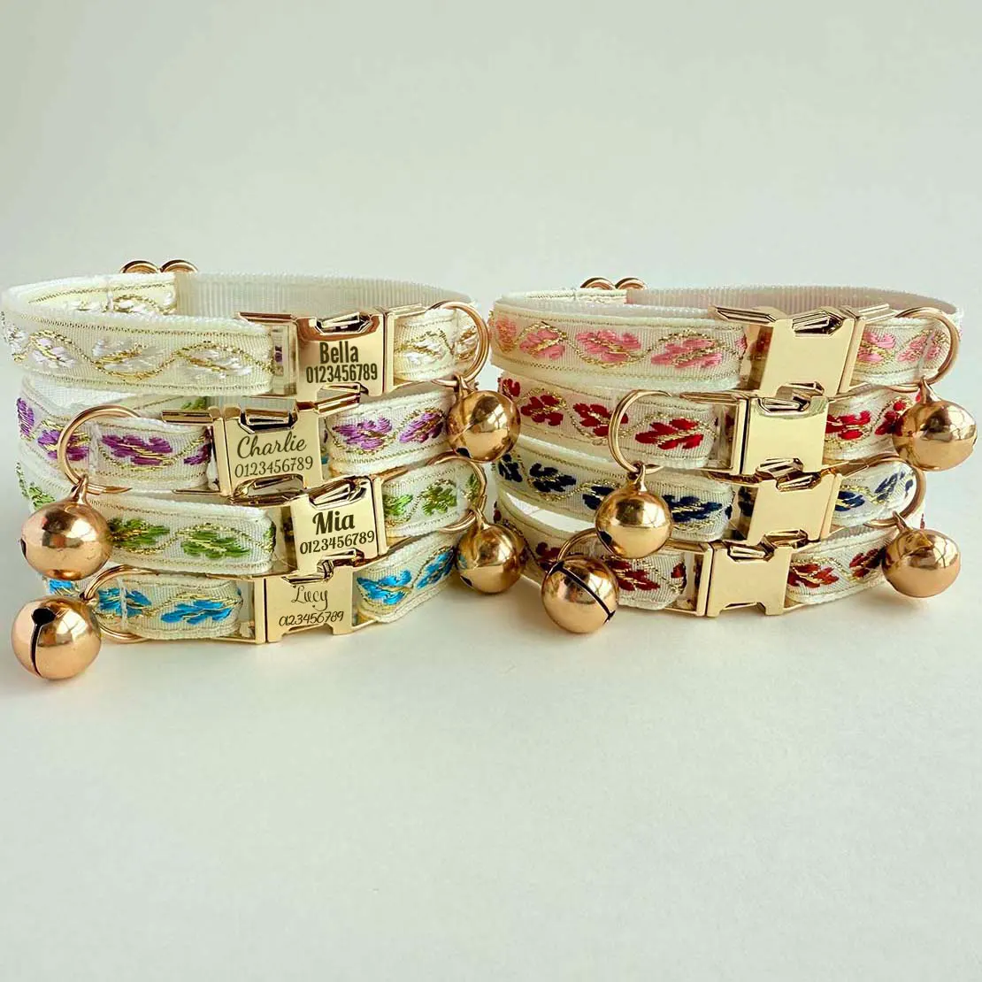 Personalized Engraving Name Gold Thread Leaf Pattern Jacquard Cat Collar with Bell Exquisite Buckle Soft Kitten Collar