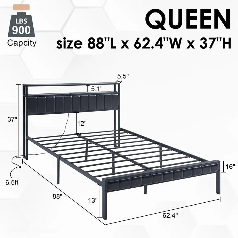 Platform Bed Frame, LED Bed Frame with PU Leather & Charging Station, 2-Tier Storage Headboard/No Box Spring Needed/Noise Free