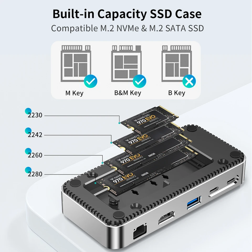 Yottamaster M.2 NVMe SATA SSD Enclosure W/ 10 IN 1 USB C 3.2 HUB Docking Station