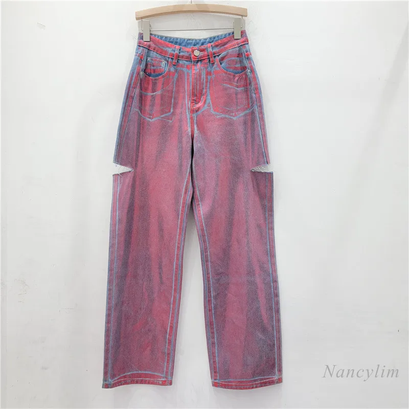 

European and American Style Coating Casual Jeans for Women 2024 Spring New Simple Fashion Loose Straight Ripped Red Denim Pants