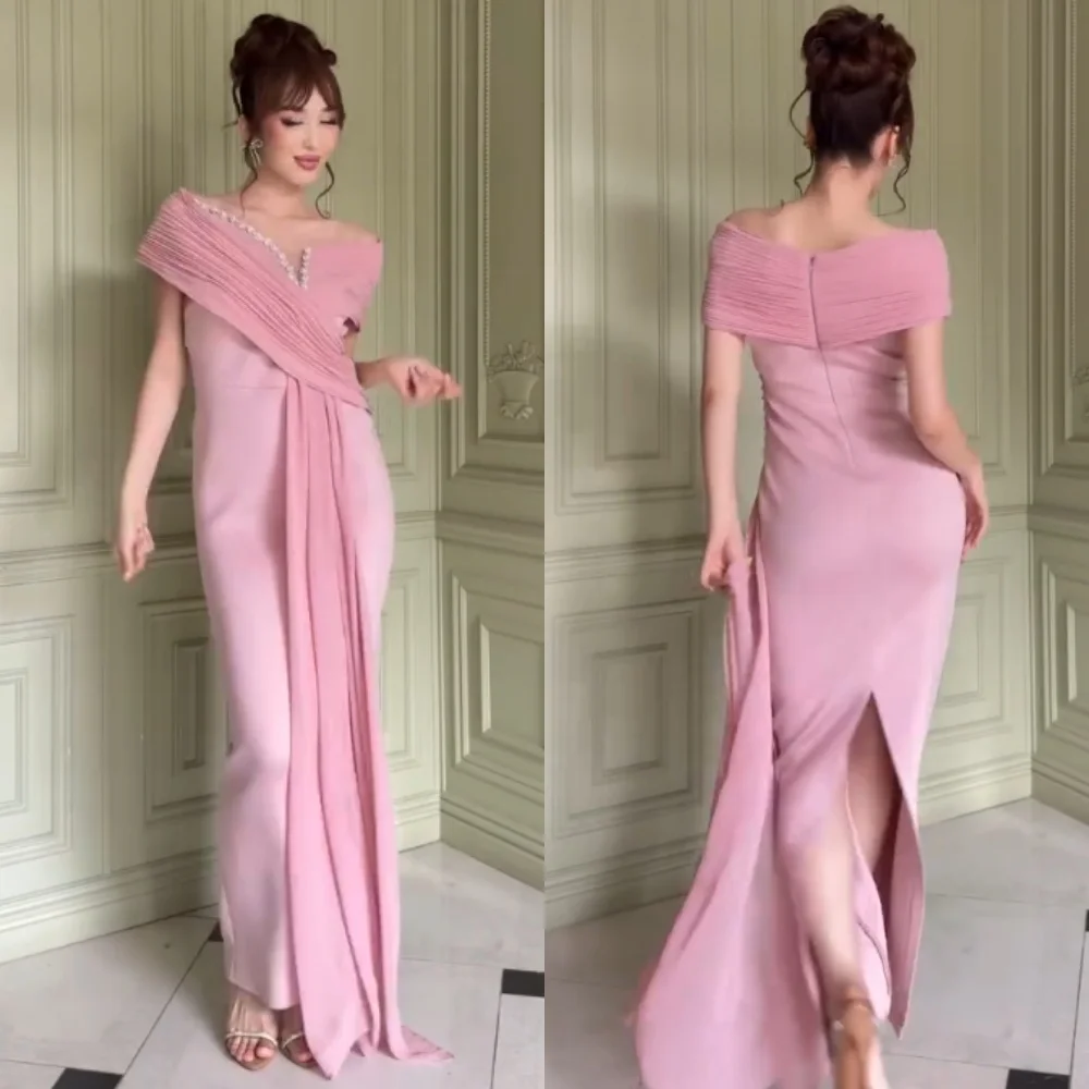 

Customized Modern Style Jersey Sequined Pleat Straight Off-the-shoulder Midi Dresses Bespoke Occasion Matching