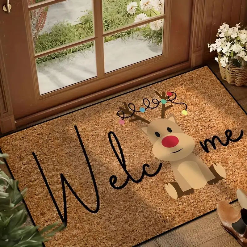 VIKAMA Christmas Doormat Reindeer Welcome Letter Print Non Slip Front Entrance Floor Mat Indoor Outdoor Xmas Home Decor