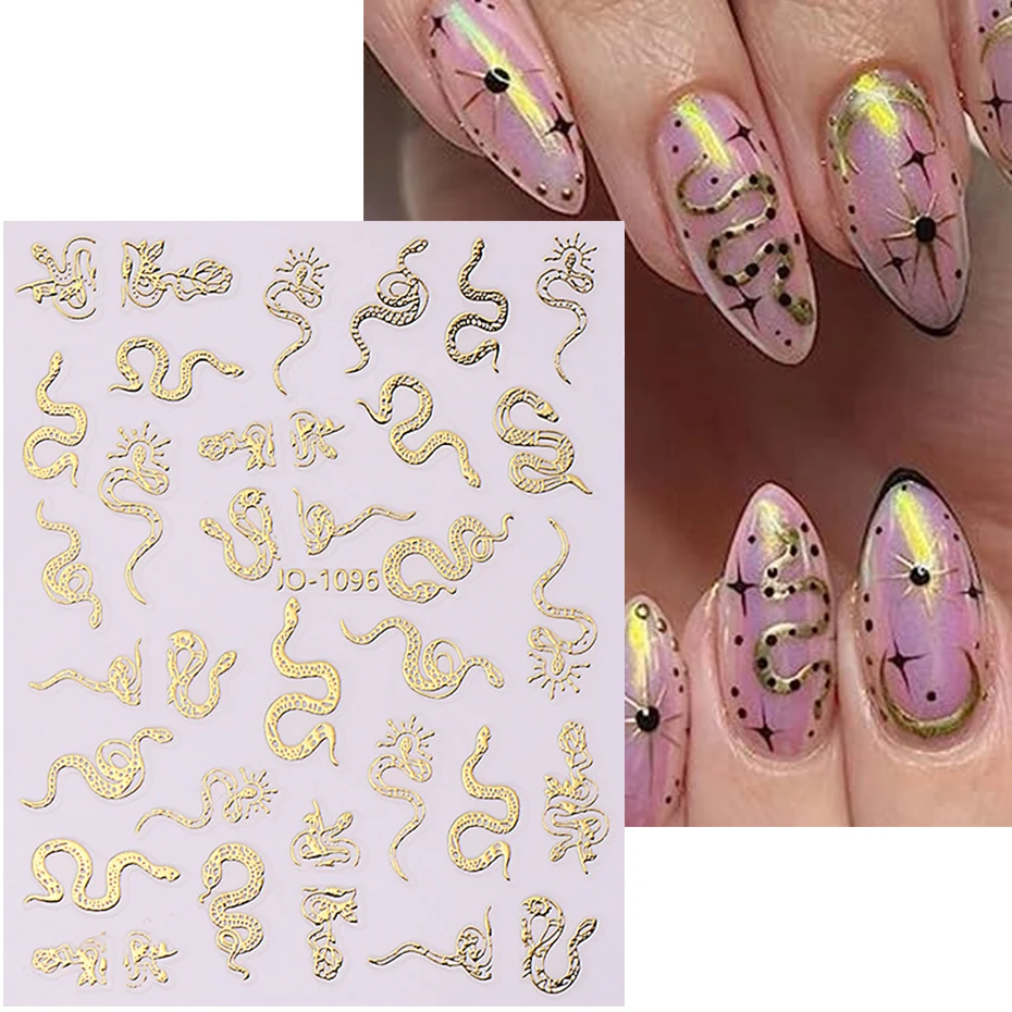 3D Gold Snake Nail Stickers Metallic Holografische Kleurrijke Snake Zelfklevende Sliders Voor DIY Nail Art Decoratie Winter Decals Folie