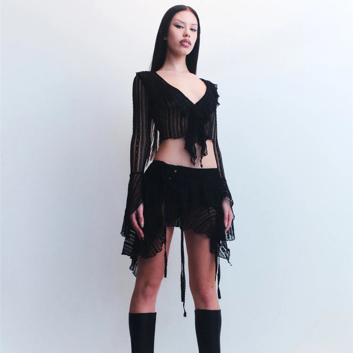 hirigin Women 2 Piece Skirt Set Fairy Grunge Sheer Mesh Long Sleeve Lace Crop Top See Through Slim Fit Mini Skirt Streetwear