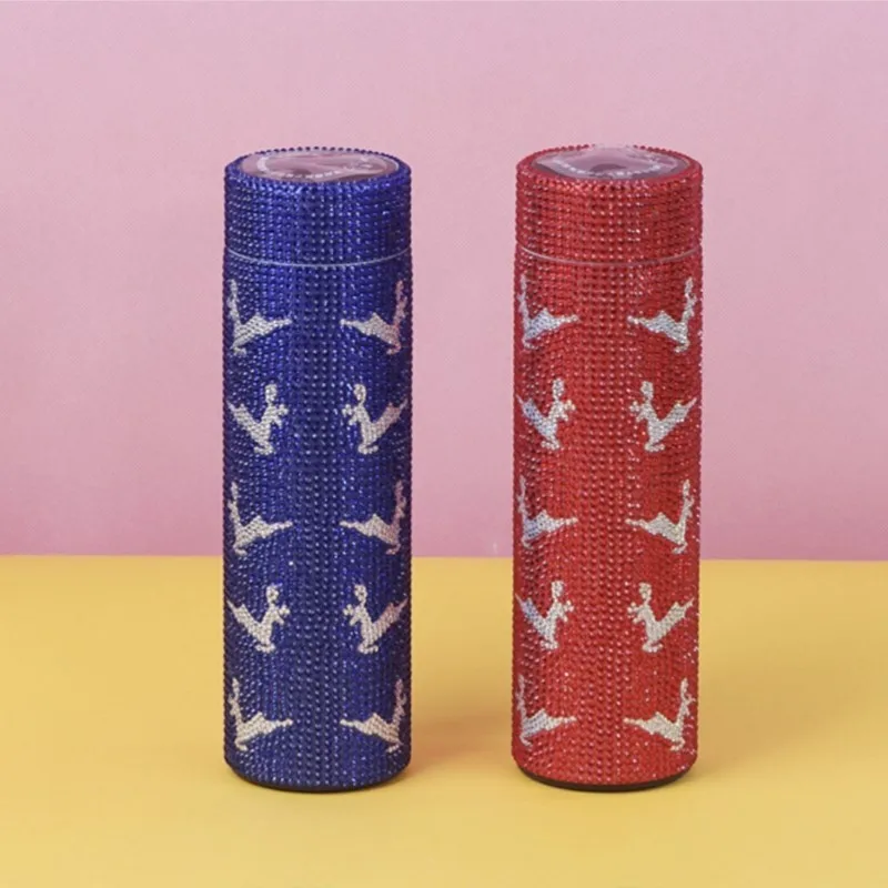 Digital Thermometer Tumbler Christmas Deer Rhinestone Grip Cup Hot-Fix Czech Thermos Glitter Stainless Steel Vacuum Drinkware