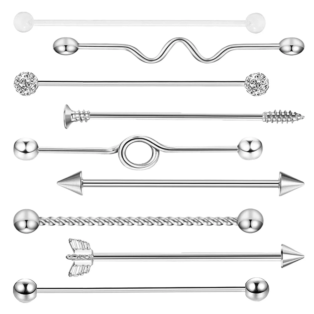 

9Pcs Ear Studs Stainless Steel Rhinestone Barbell Arrows Screw Piercing Jewelry Stylish for Men Women Ear Studs Industrial