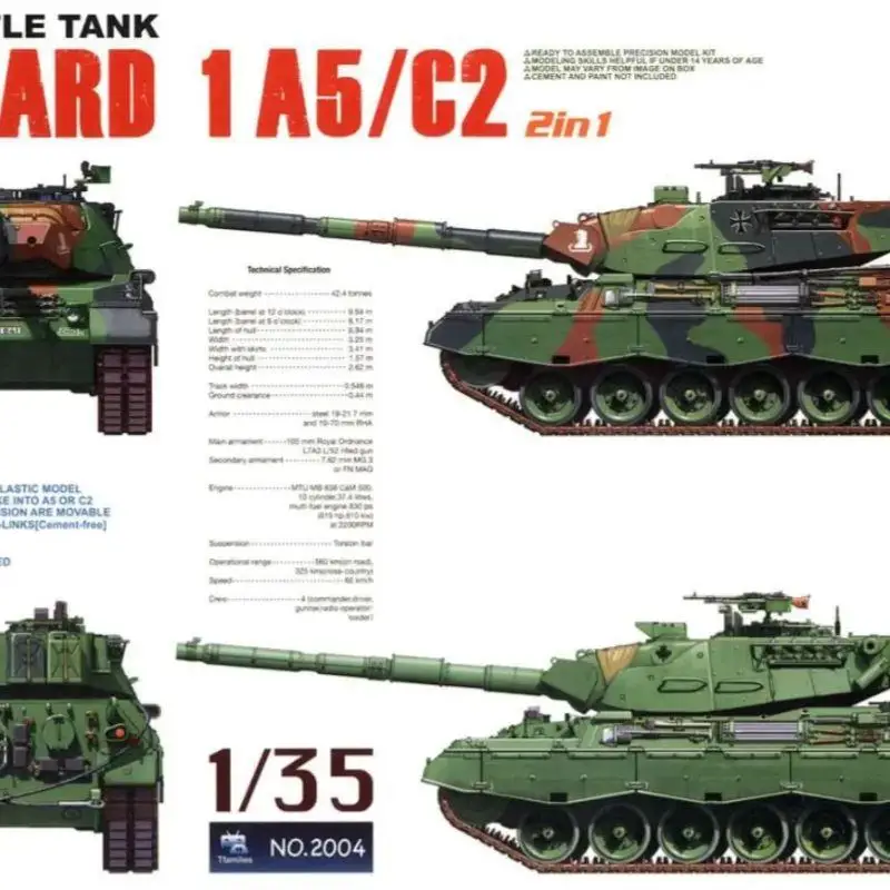 

Сборочная модель TAKOM 2004, масштаб 1/35, ОСНОВНЫЙ БАТАРЕВЫЙ БАК LEOP ARD 1A5/C2, 2 в 1