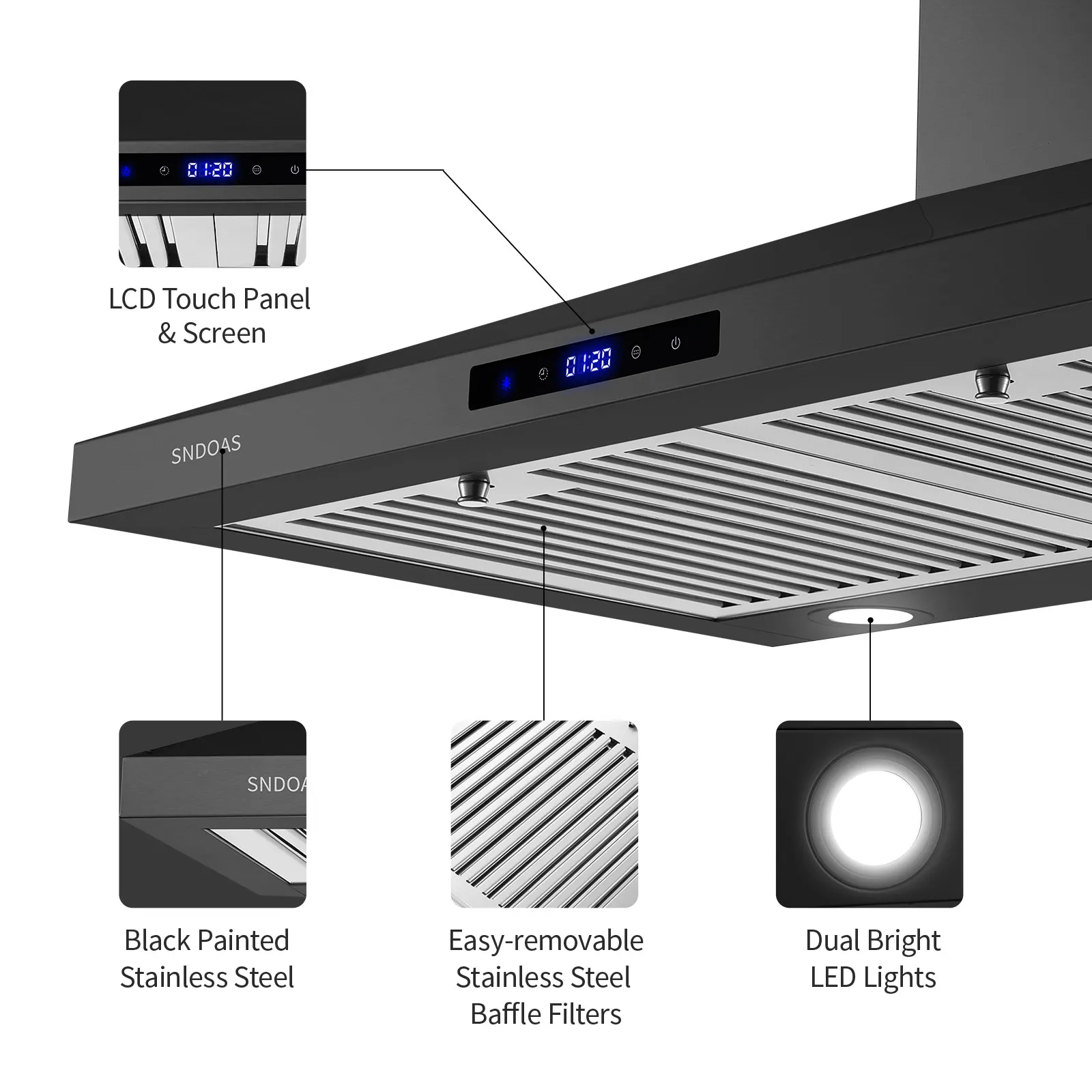 Tieasy-LED Lights Gama Hood para cozinha, 30 ", 450 CFM, painel de toque, filtros permanentes, USGD2475