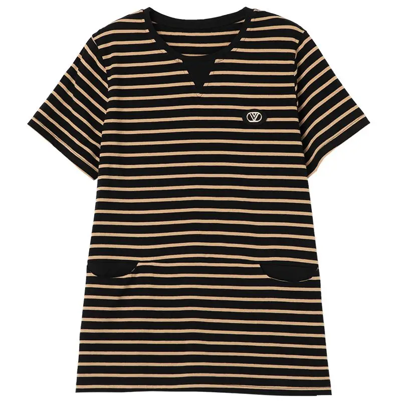 Striped Street Casual Loose Tops Summer New O-neck Short Sleeve Loose Pockets All-match T Shirts Vintage Trend Women Clothing