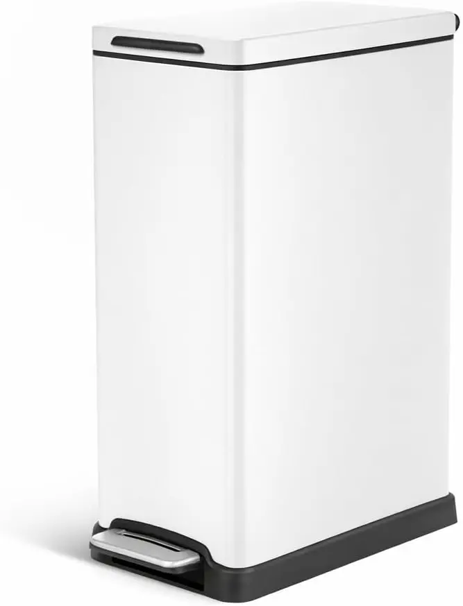 

12 Gallon Slim Kitchen Trash Can with Soft Close Lid, Step Pedal, Bag Tuck Band, Removable Liner, Stainless Steel Matte White