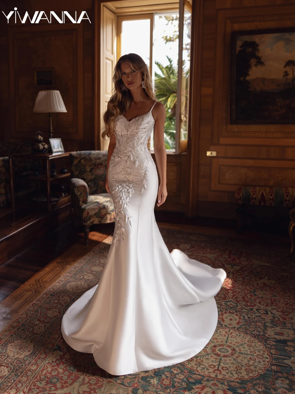 

Beaded Mermaid Long Wedding Dress With Detachable Train Elegant Spaghetti Straps Gown 2025 Customized Satin Dresses For Bride