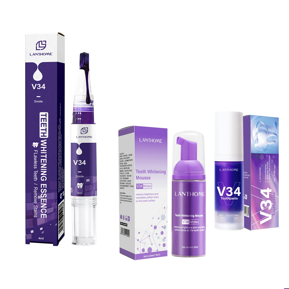 V34 Tooth Cleansing Mousse Purple Teeth Whitening Repair Essence Pen Oral Hygiene Dental Stain Remove Color Corrector Toothpaste