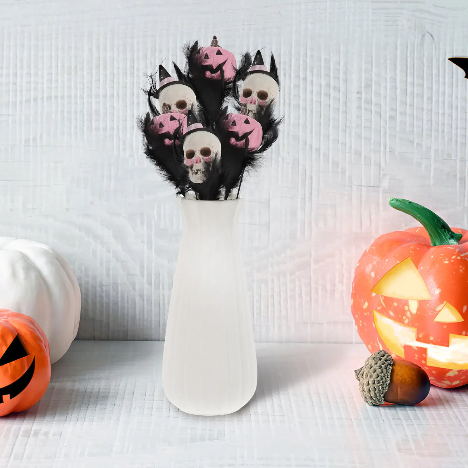 

6Pcs Scary Halloween Bouquet Stems with Black Plumage Skull Heads and Pumpkin Accents for Haunted Table Centerpiece Vase