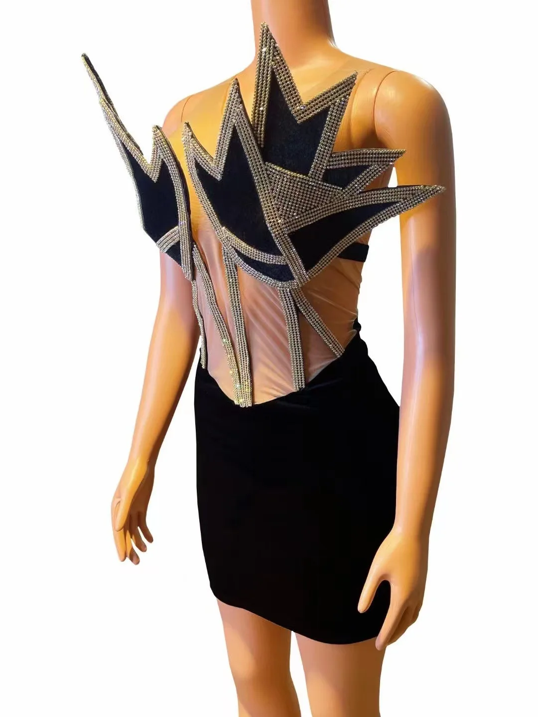 Hot Diamond Seksowna aksamitna sukienka bez rękawów z siatki Strój piosenkarza Impreza Wysokiej klasy sukienka na występy Sukienki zdobione kryształami