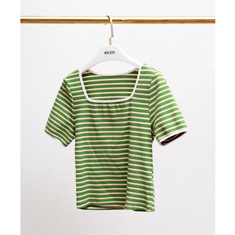OLrain Gestreept T-shirt met korte mouwen Dames Zomer Tops 2025 Katoenmix Contrast Slanke T-shirts Vrouwelijke kleding O22XT61165