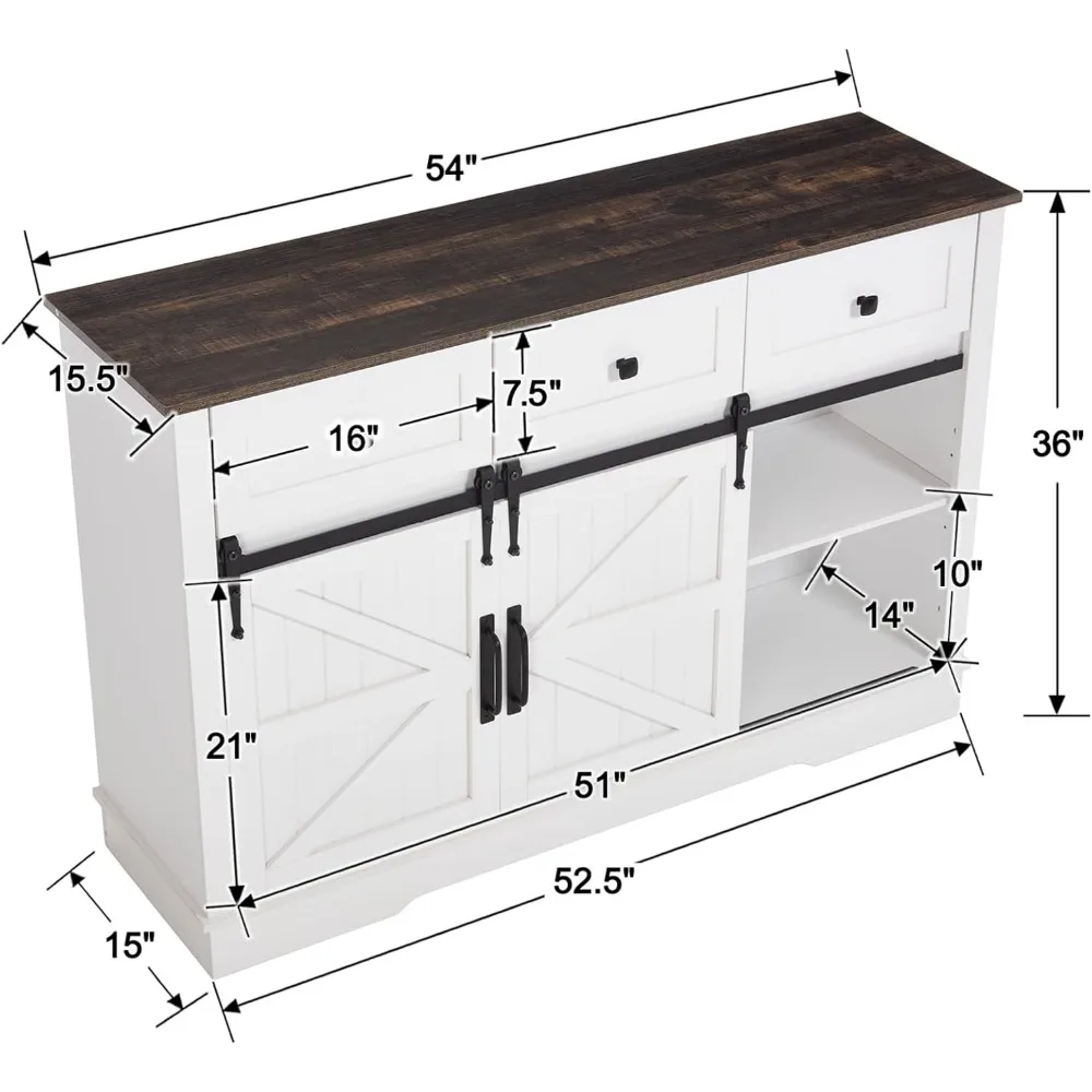 خزانة بوفيه واسعة 54 باللون الأبيض الريفي مع أبواب حظيرة منزلقة لتخزين النبيذ في المزرعة وبار القهوة #2