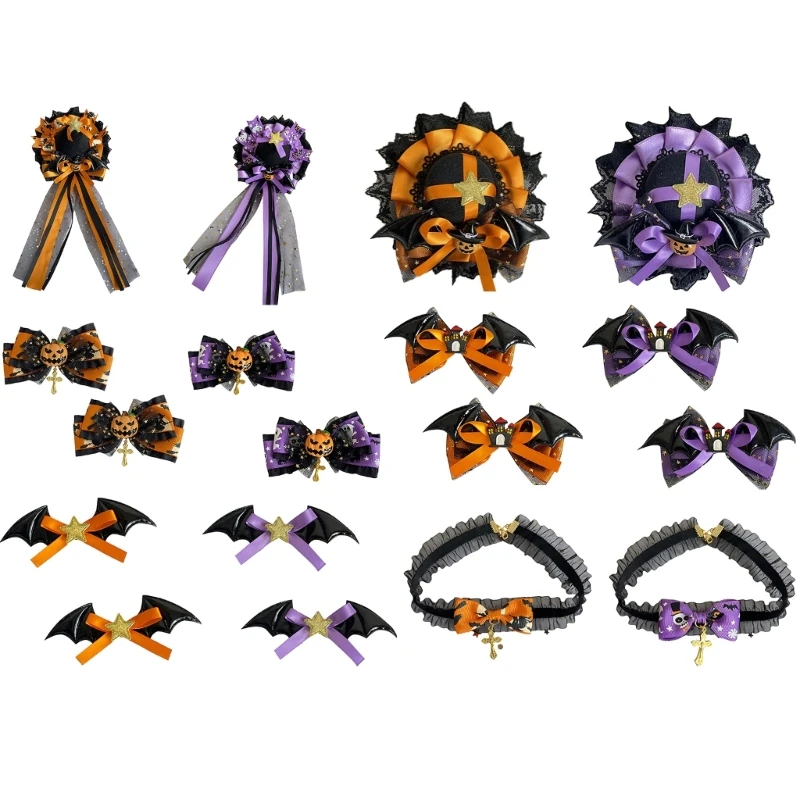 Halloween Pumpkin Hair Clips Choker Bowlers Hat Gothic Bat Wing for Girls DXAA