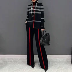 Gymystars Autumn Winter Pants Sets Two Piece Trousers Set New Fashion Stripe Striped High Neck T-Shirts Tops Wide Leg Bottoms