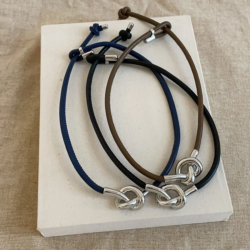 Minar Personality Hollow Metallic Knotted Pendant Necklaces for Women Adjusting Black Coffee Blue Color PU Leather Chain Chokers