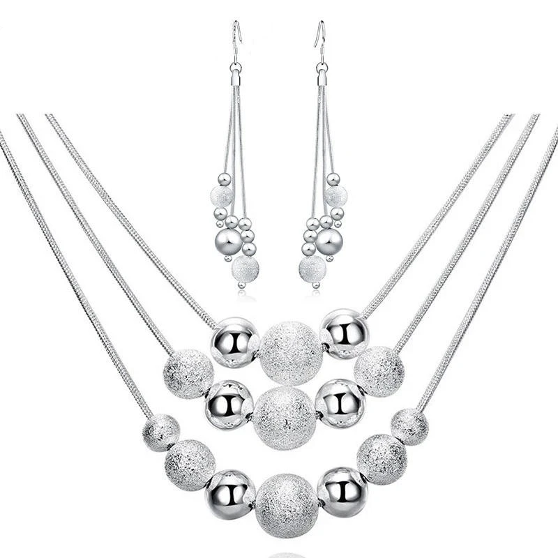 

AGTEFFER 925 Sterling Silver 18-inch Frosted Beads Pendant Earrings Necklace for Woman Fashion Jewelry Set Wedding Gift