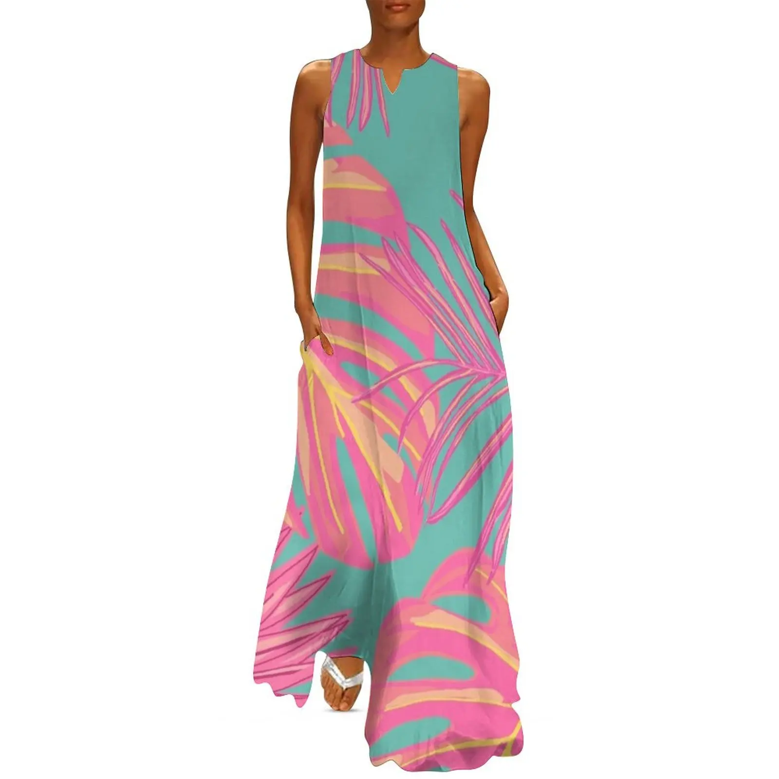 Tropical Leaves in Pink and Turquoise Long Dress Summer dresses for women Woman's evening dress dresses for womens 2025 Dress