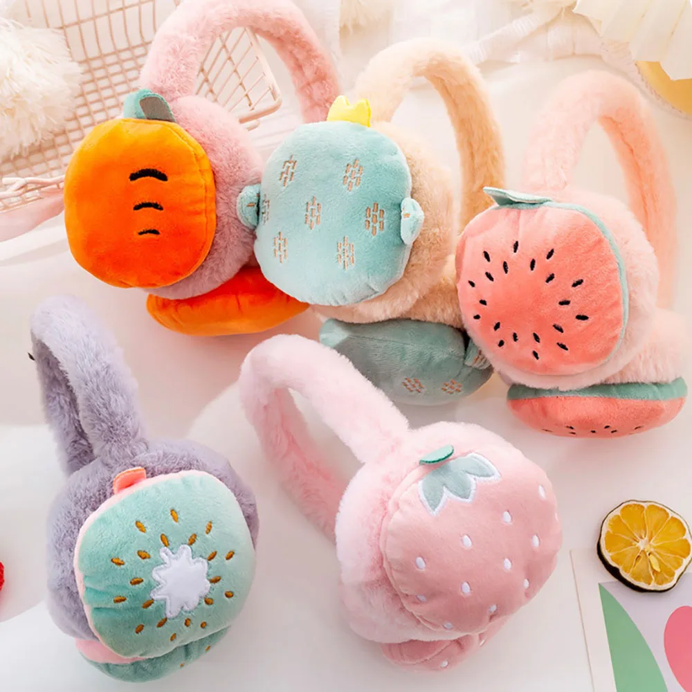 

Cute Cartoon Fruit Girls Winter Warm Ear Muffs Fluffy Fold Burger Shape Headphone Earmuffs Soft Cashmere Warmer Fake Fur Earlap