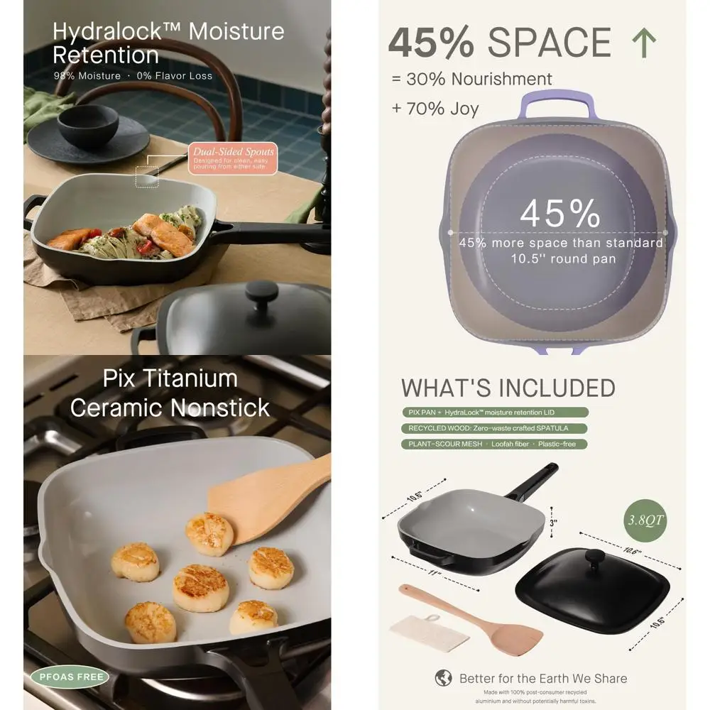 

10.5 3.8QT Ceramic Non-Stick Deep Sauté Pan with Lid, Cast Aluminum, Wooden Spatula & Scrubber - Midnight Hearth