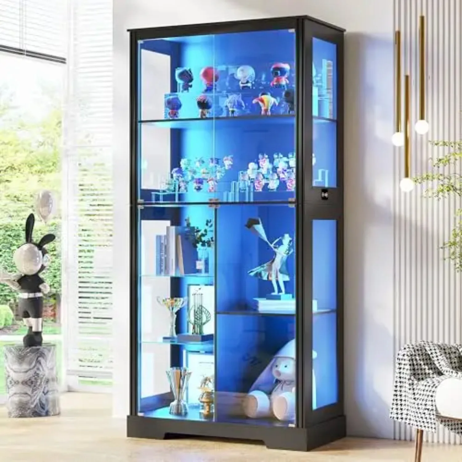 71” Glass Display Cabinet with RGB Light for Collectibles - Black | 4mm Tempered Glass Doors, 7-Tiers Large Storage