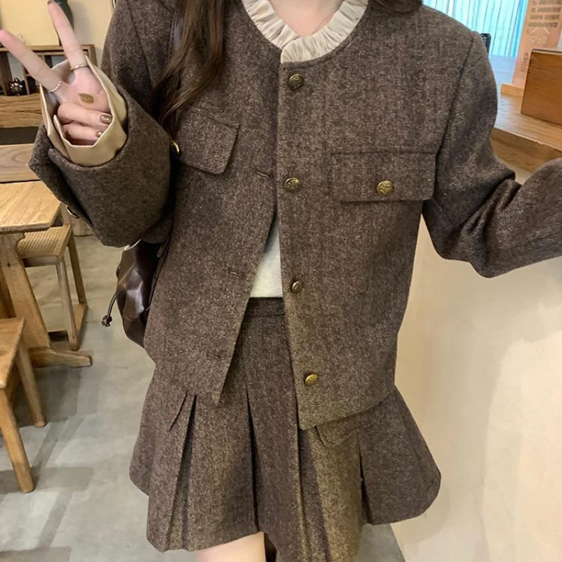 Vintage Y2k Cropped Blazer Mini Skirt Suits Korean Women Long-sleeved Tops Jacket with A-line Pleated Skirt 2pc Set Tweed Outfit