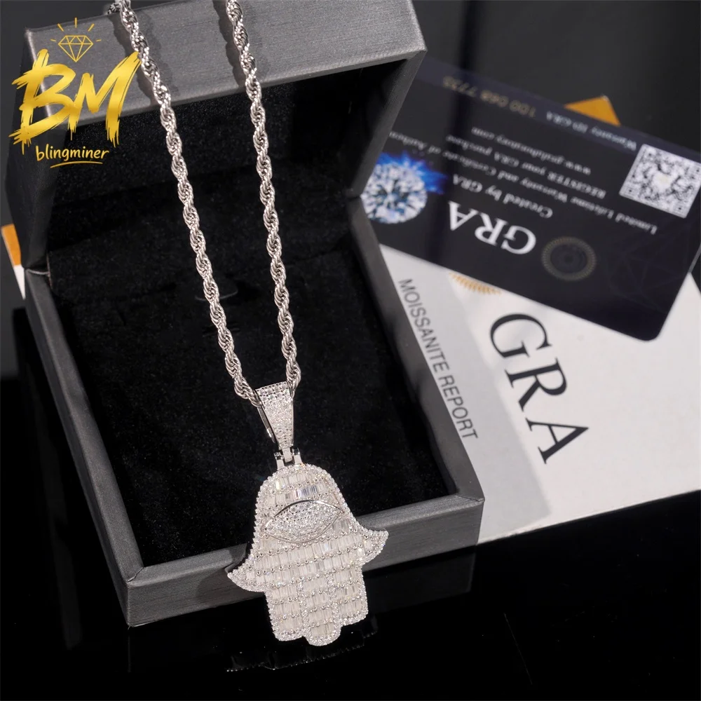 Blingminer Iced Out Fine Hamsa VVS Moissanite Pendant For Men Women S925 Silver Pendants Jewelry Pass Diamonds Tester GRA