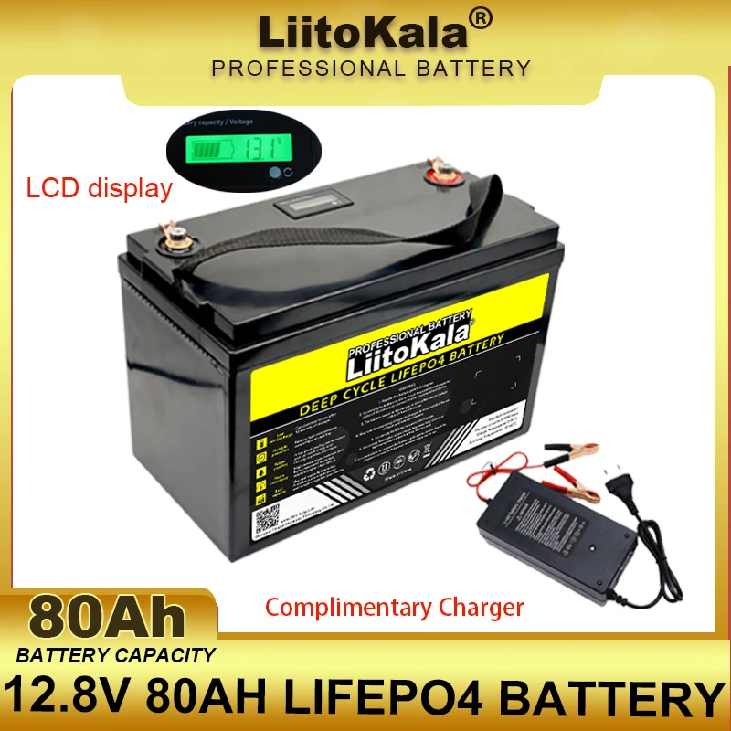 LiitoKala 12,8 V 80 Ah LiFePO4-Batterie 12 V Lithium-Eisenphosphat für Golfauto-Autofeuerzeug-Batterien 14,6 V 10 A Ladegerät zollfrei