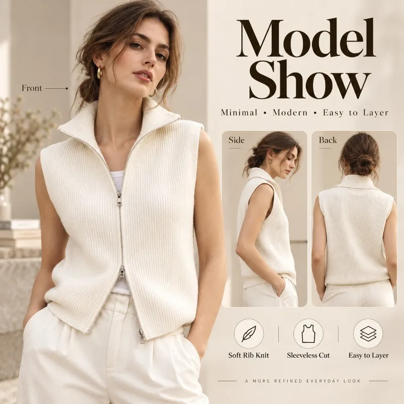 Women Stand Collar Knit Vest Sleeveless Sweater Two Way Zipper Solid Color Casual Layering Top