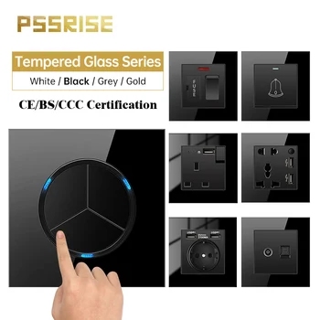 PSSRISE French UK EU Wall Socket with 5V 2.1A USB Type-C Charger Tempered Glass Panel Light Switch TV TEL Computer Outlet