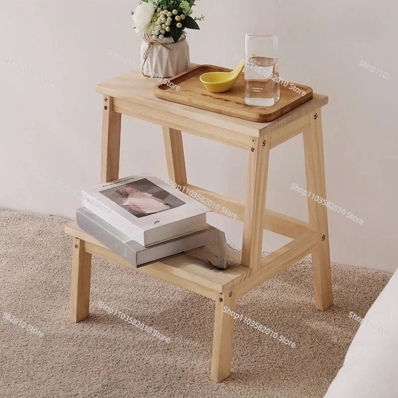 Solid Wood 2-Tier Step Stool, Multi-functional Footstool, Household Shoe Changing Bench & Small Ladder