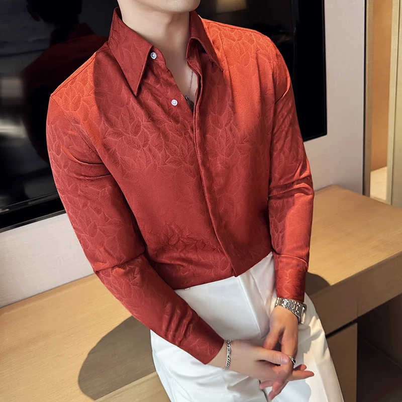 Men Shirt  Long Sleeve Wedding Dress Jacquard Invisible Placket Single Breasted Prom Men Shirt Casual Floral Blouse Khaki 2024