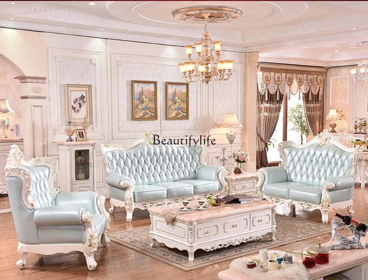 European leather sofa full solid wood carving flower high-end living room sofa imported first layer cowhide