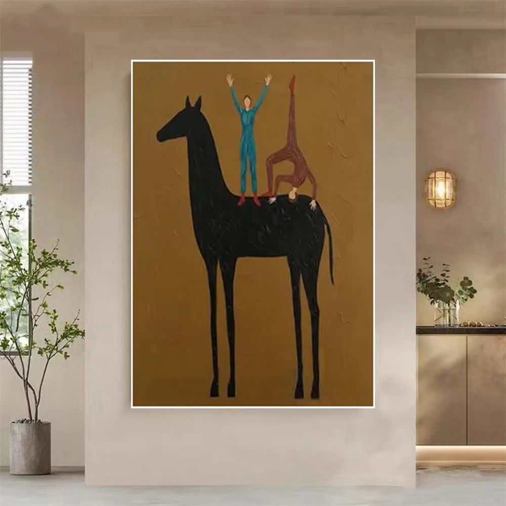 

Hand Painted Cowboy & Black Horse Figure Canvas Wall Art Retro Minimalist Painting for Living Room Bedroom Entryway Decor