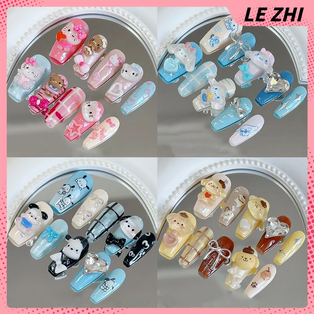 

10Pcs Hot Sale Sanrio Cinnamoroll Hello Kitty Kuromi Long Coffin Short Round Fake Nail Mymelody Handmade Removable Nail Art