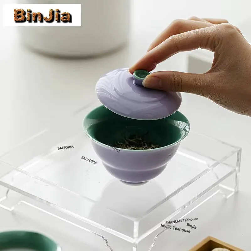 Hibiscus Purple Interior Glazed Turquoise Green Thin Tire Gaiwan Luxury Tea Tureen Tea Bowl With Lid Kit Tea Maker Cover Bowl