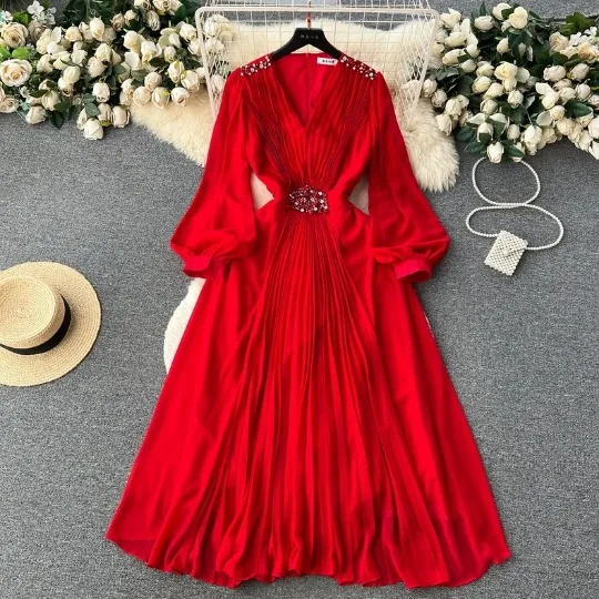 

Retro Sophisticated V-neck Lantern Sleeve Studded Diamond Dress for Women with A Slim Waist Elegant Long Skirt Girl Lady Solid