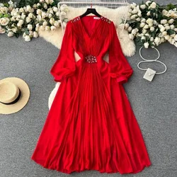 Retro Sophisticated V-neck Lantern Sleeve Studded Diamond Dress for Women with A Slim Waist Elegant Long Skirt Girl Lady Solid