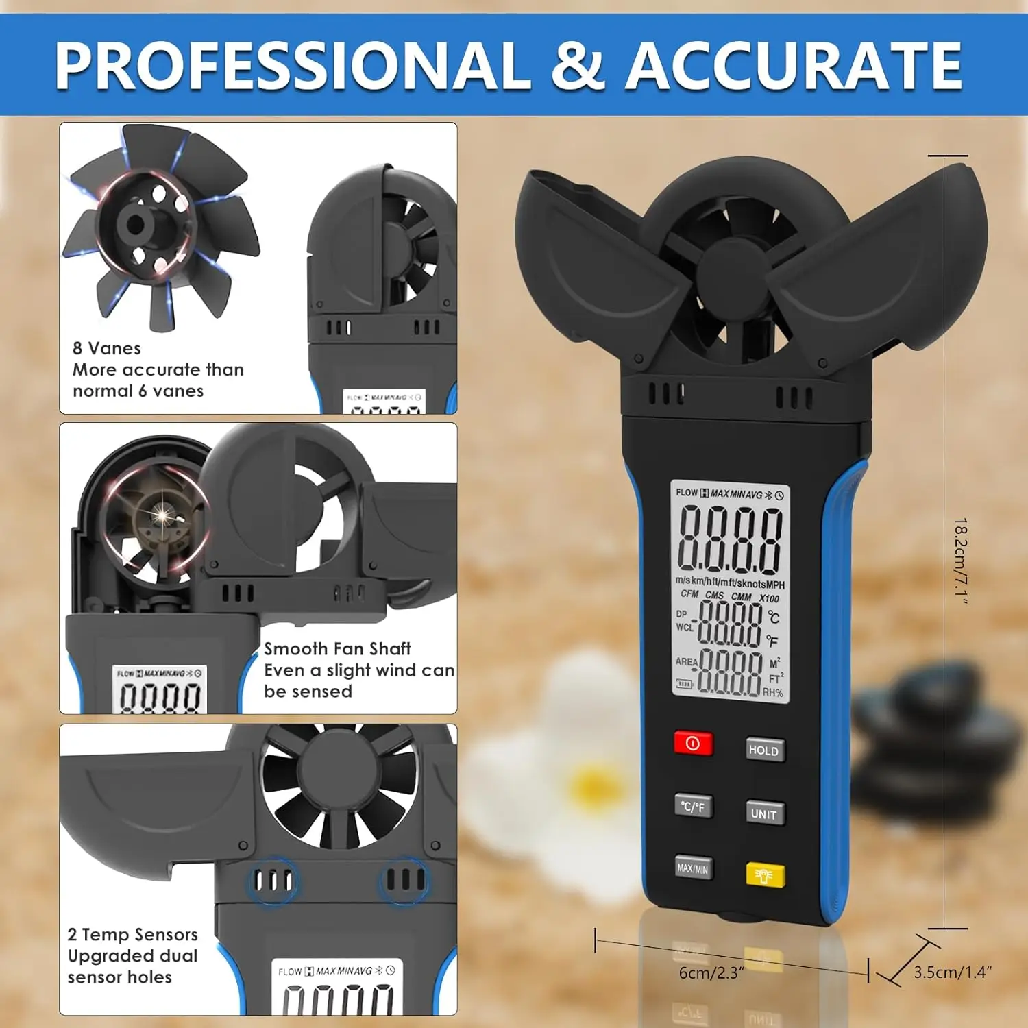 Imagem -02 - Holdpeak Handheld Anemômetro com 270 ° Detector Rotativo e Vane Cover Medidor Digital de Velocidade do Vento Cfm para Hvac Tiro Golf