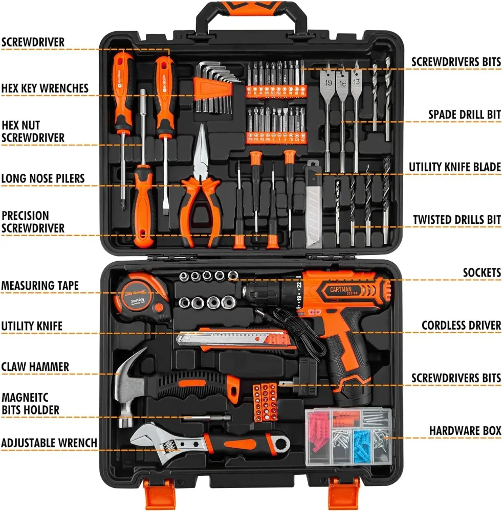 CARTMAN Power Tool Combo Kits with 12V Cordless Drill, Professional Household Home Tool Kit Set, DIY Hand Tool Kits for Garden